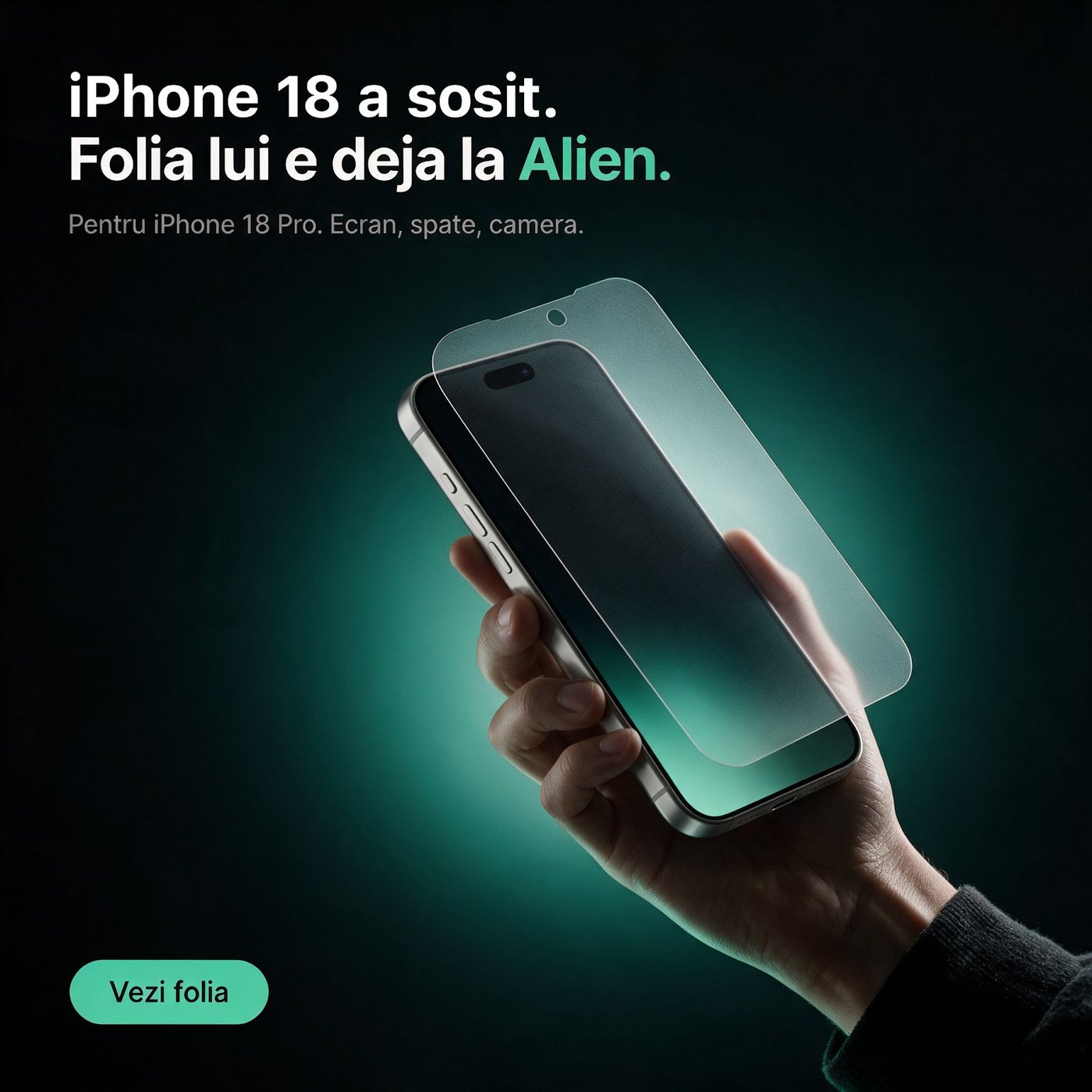 iPhone with a screen film lifting off under a teal glow