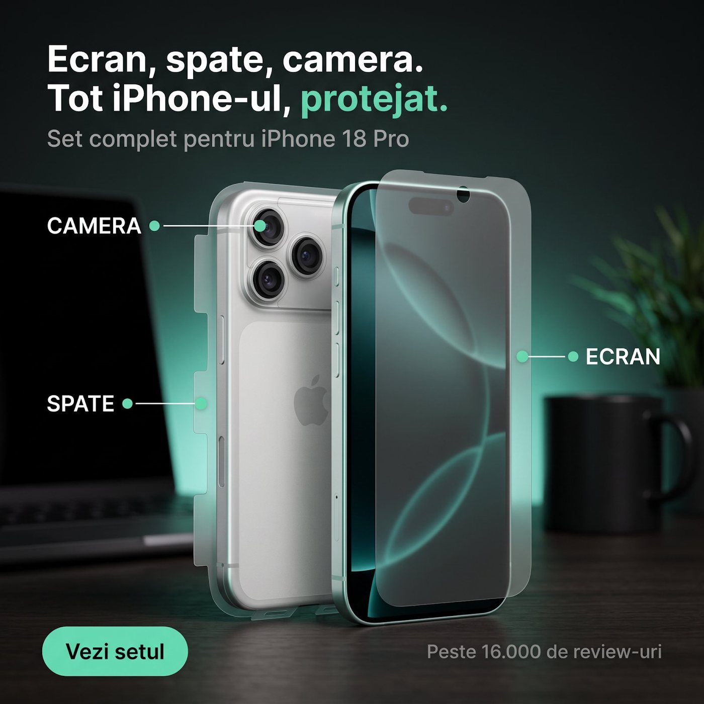 Exploded view of an iPhone 18 Pro with screen, back and camera films