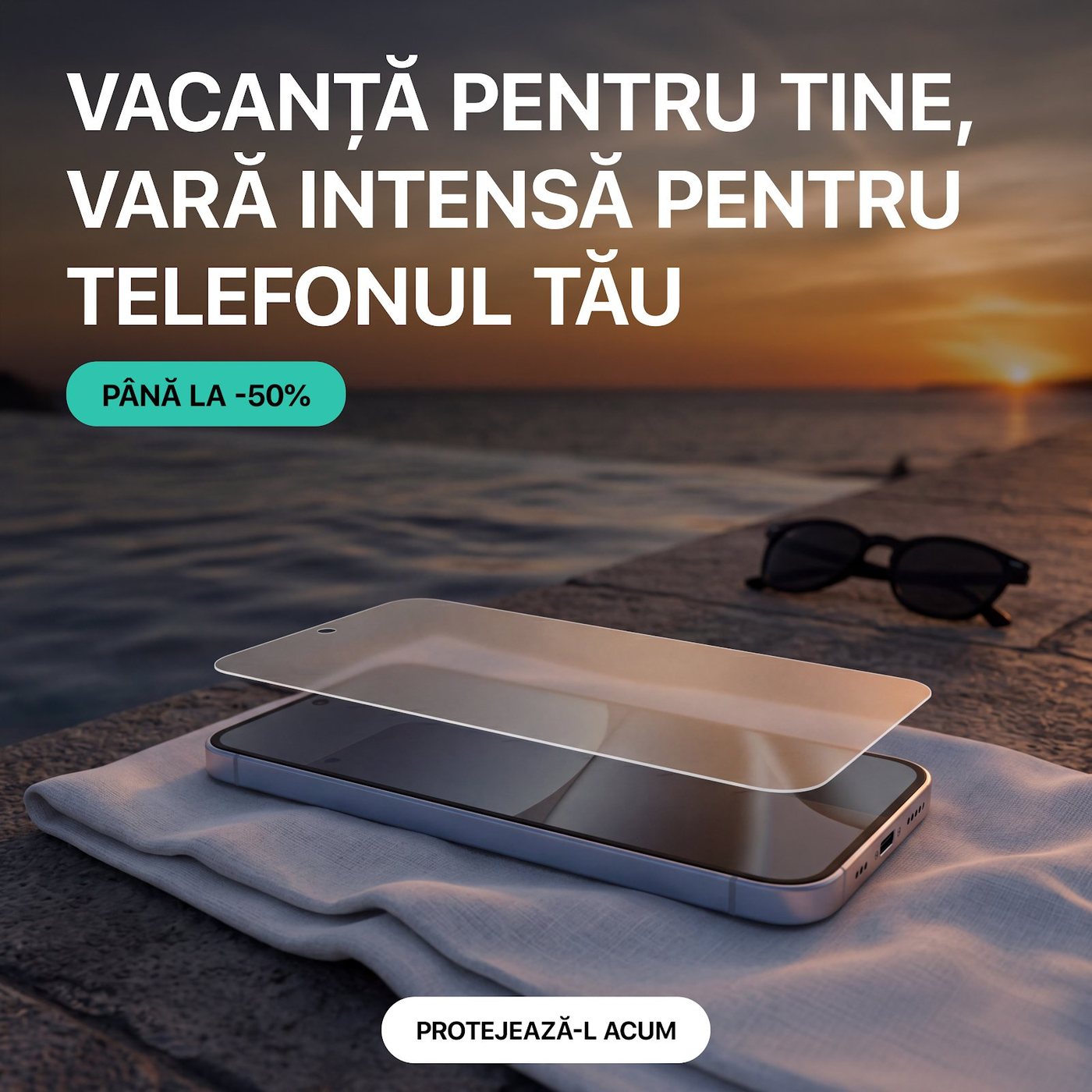 Phone on a towel by the sea at sunset with a film above it
