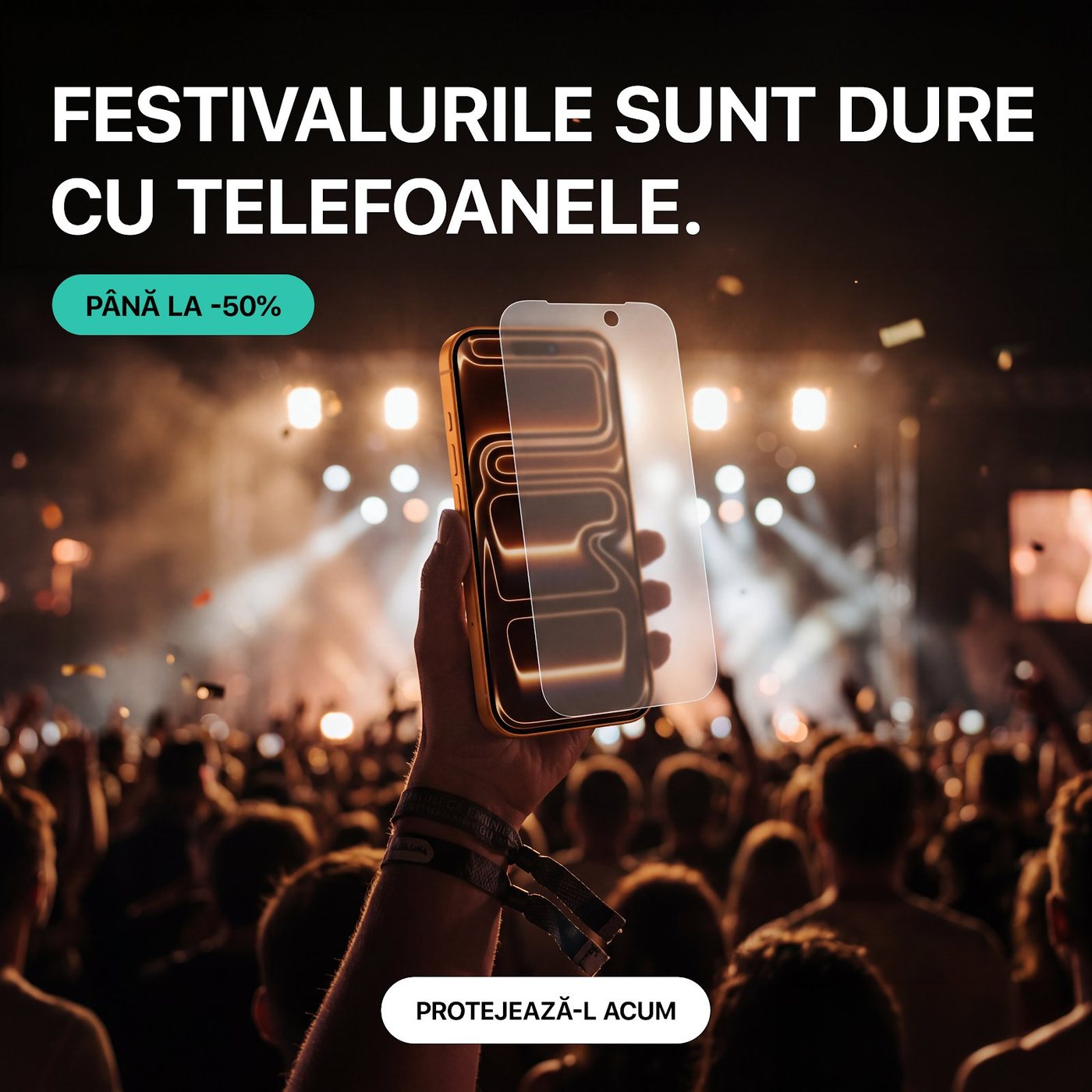Phone held up over a festival crowd with a floating screen film