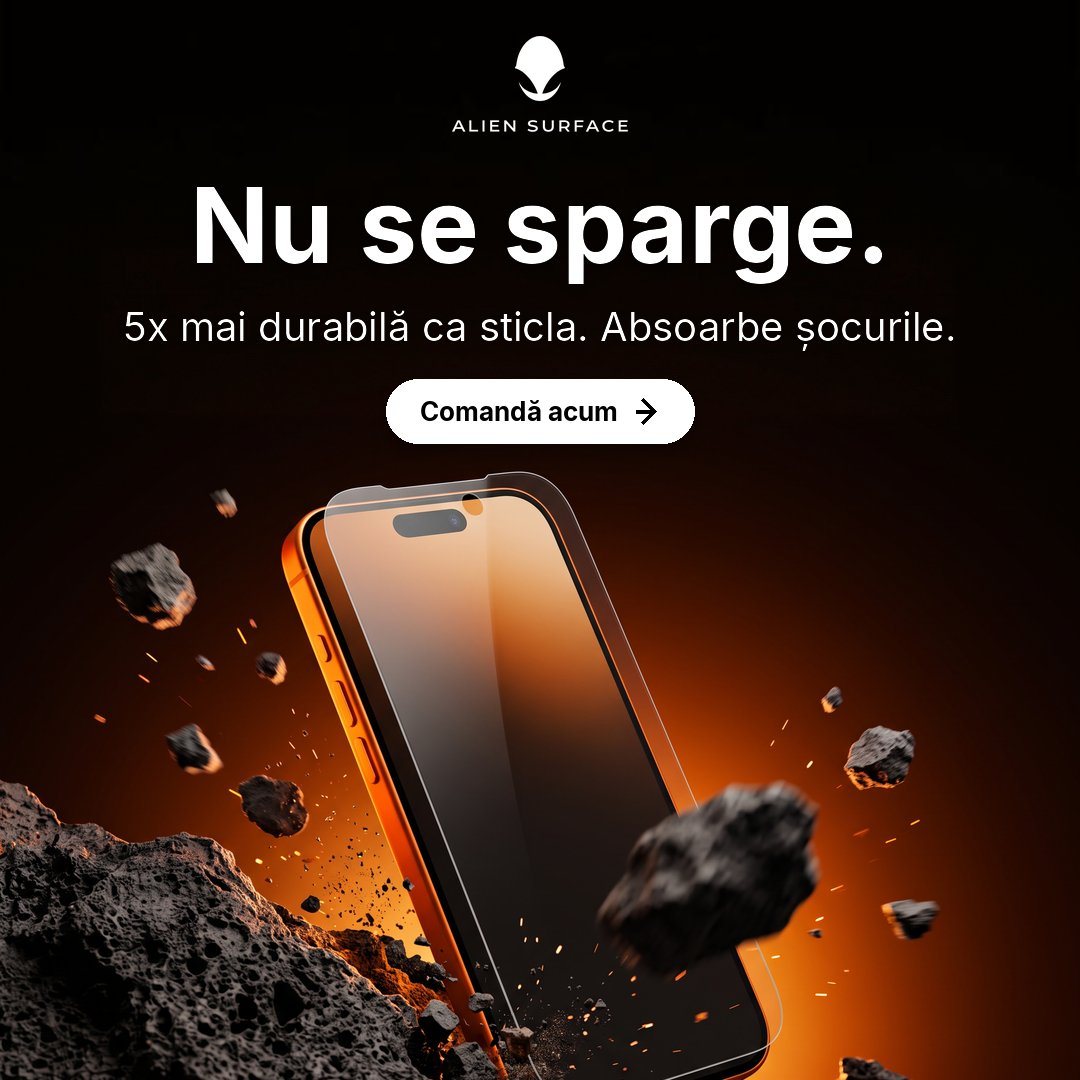 Orange phone with film breaking through flying rocks, Nu se sparge