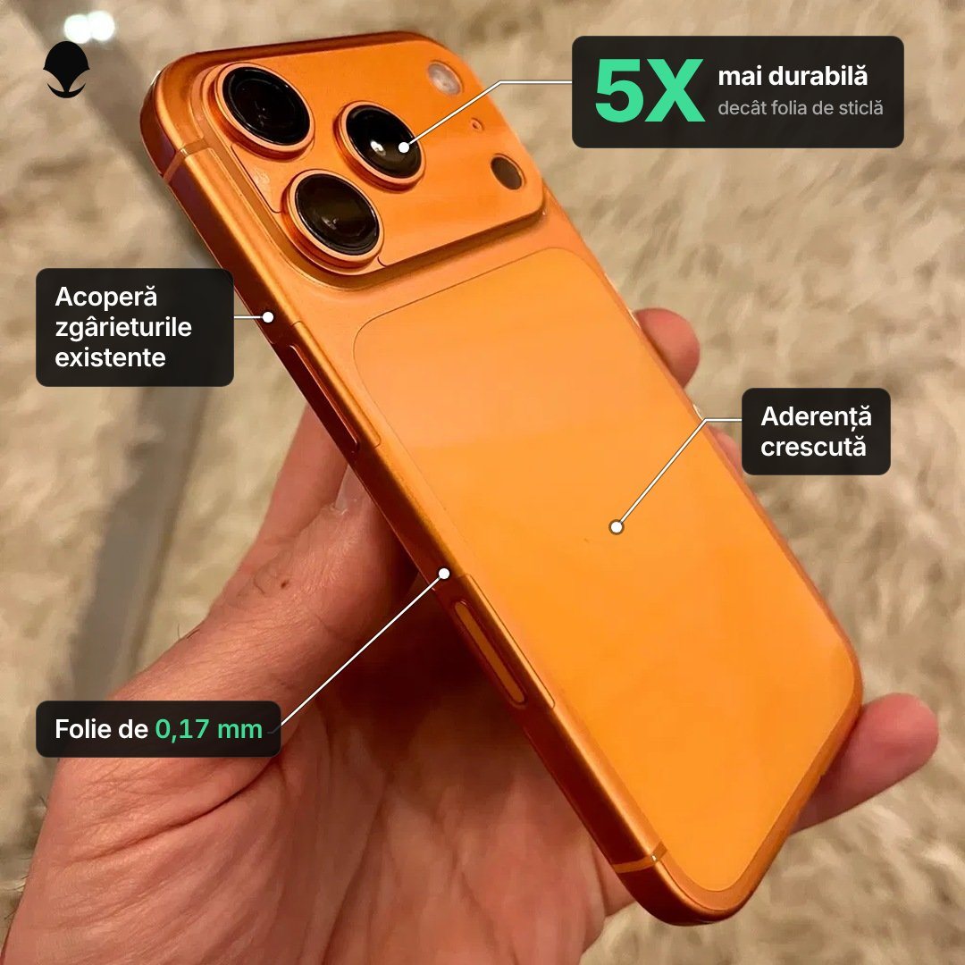 Customer photo of an orange iPhone with callouts