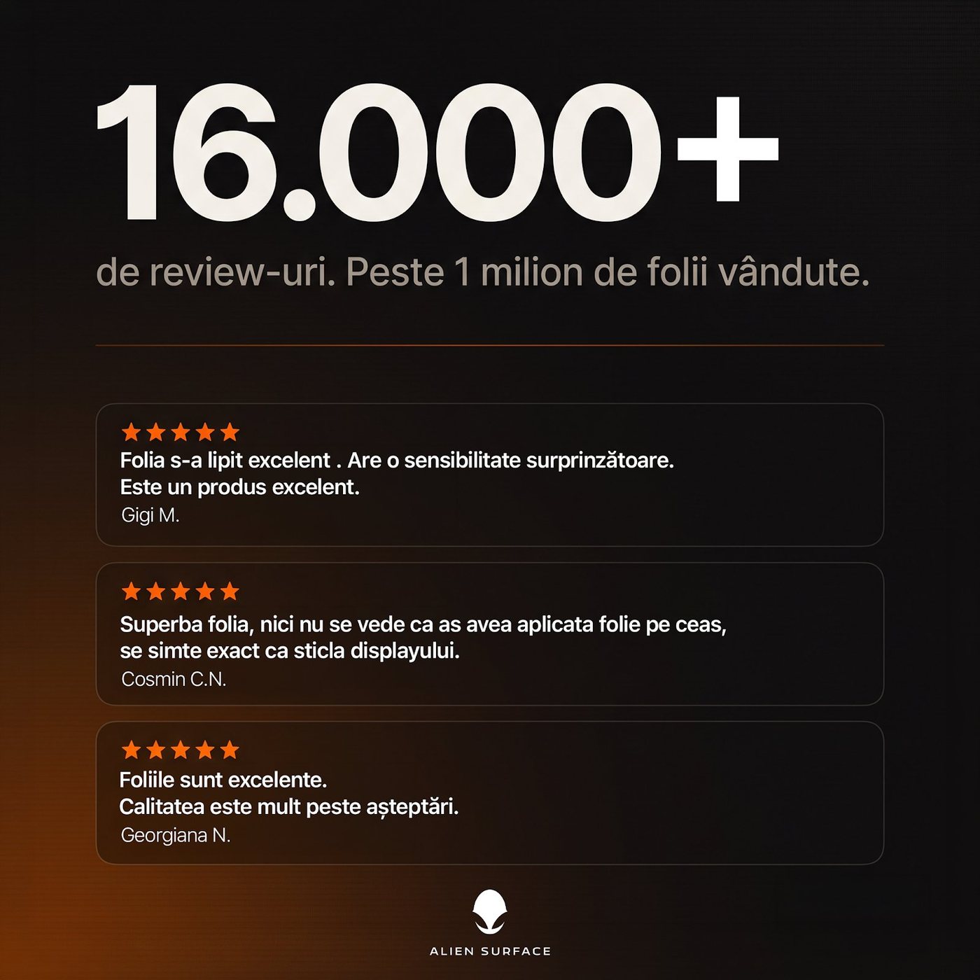 Dark card with 16.000+ reviews and three customer quotes