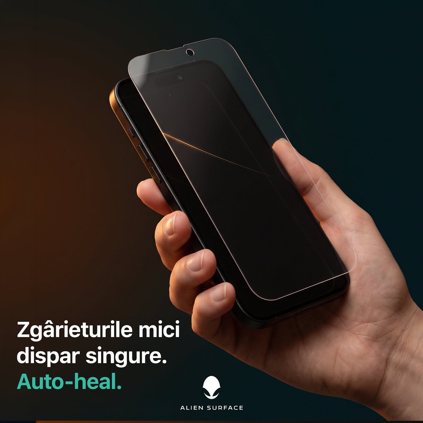Hand holding a dark phone, Auto-heal
