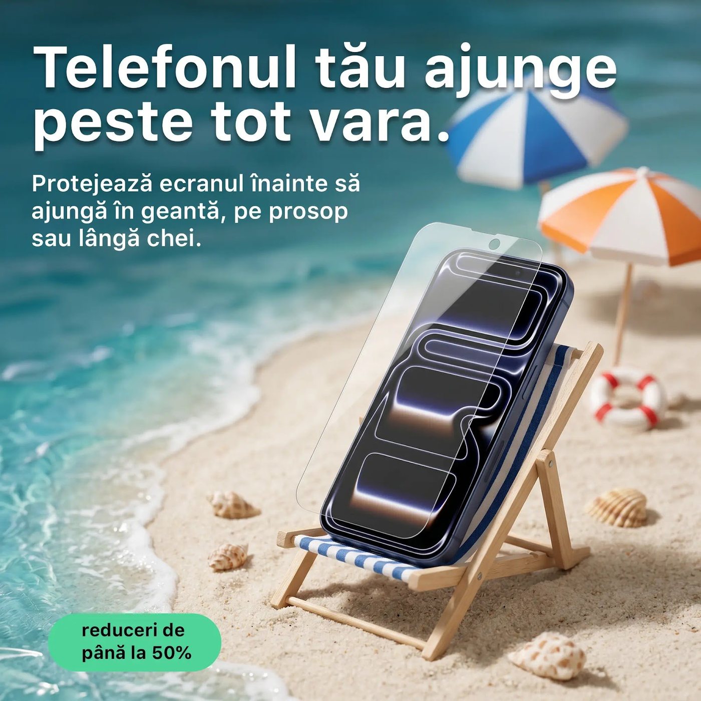 Phone on a miniature deck chair on a beach, film floating above the screen