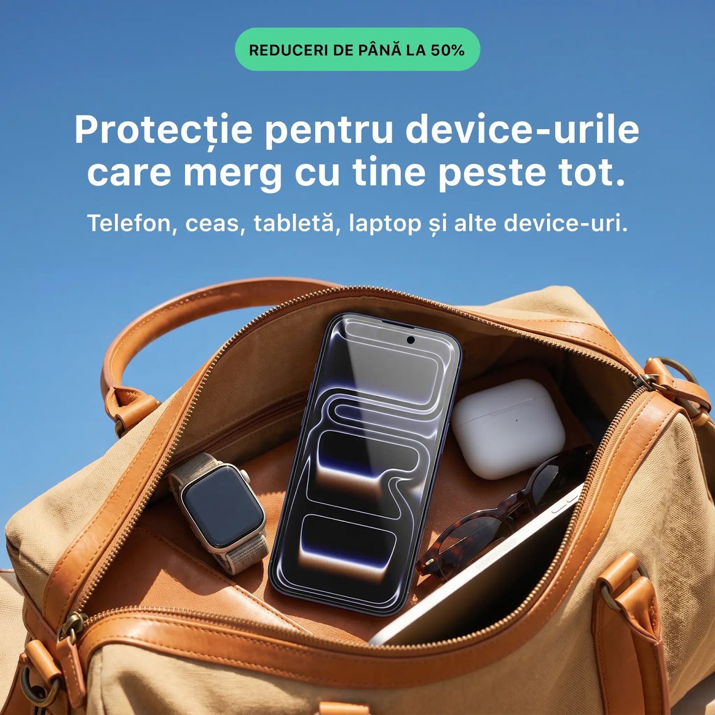 Open travel bag with a phone, smartwatch, earbuds and tablet