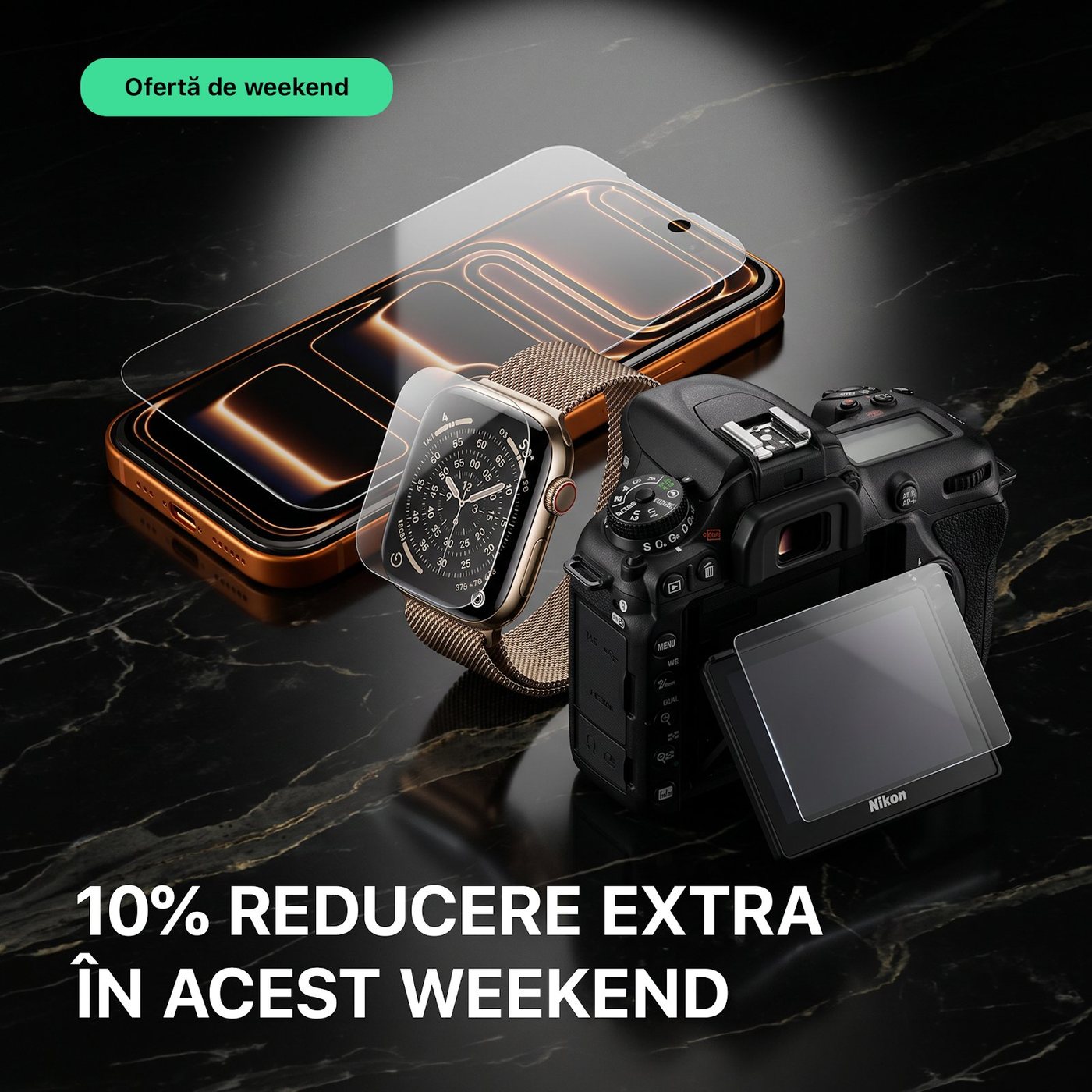 Phone, smartwatch and camera with films on black marble