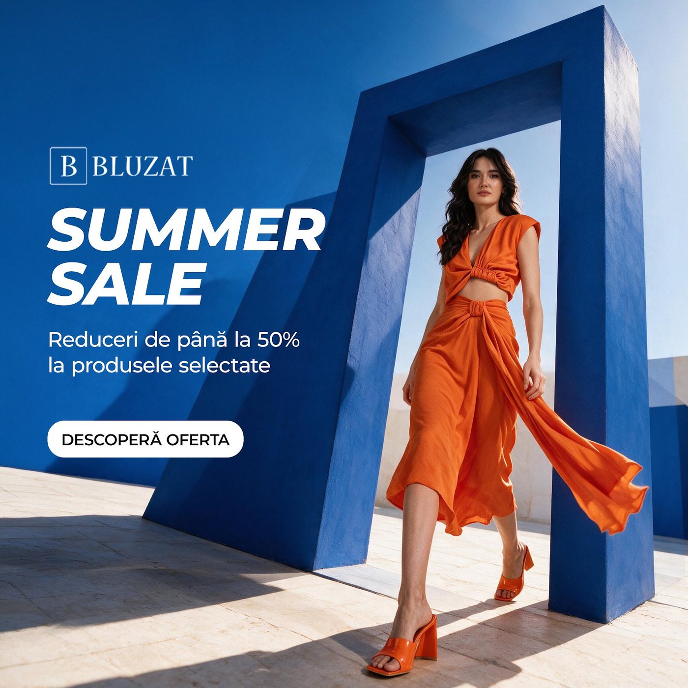 Model in an orange cut-out dress stepping through a cobalt-blue arch, Summer Sale