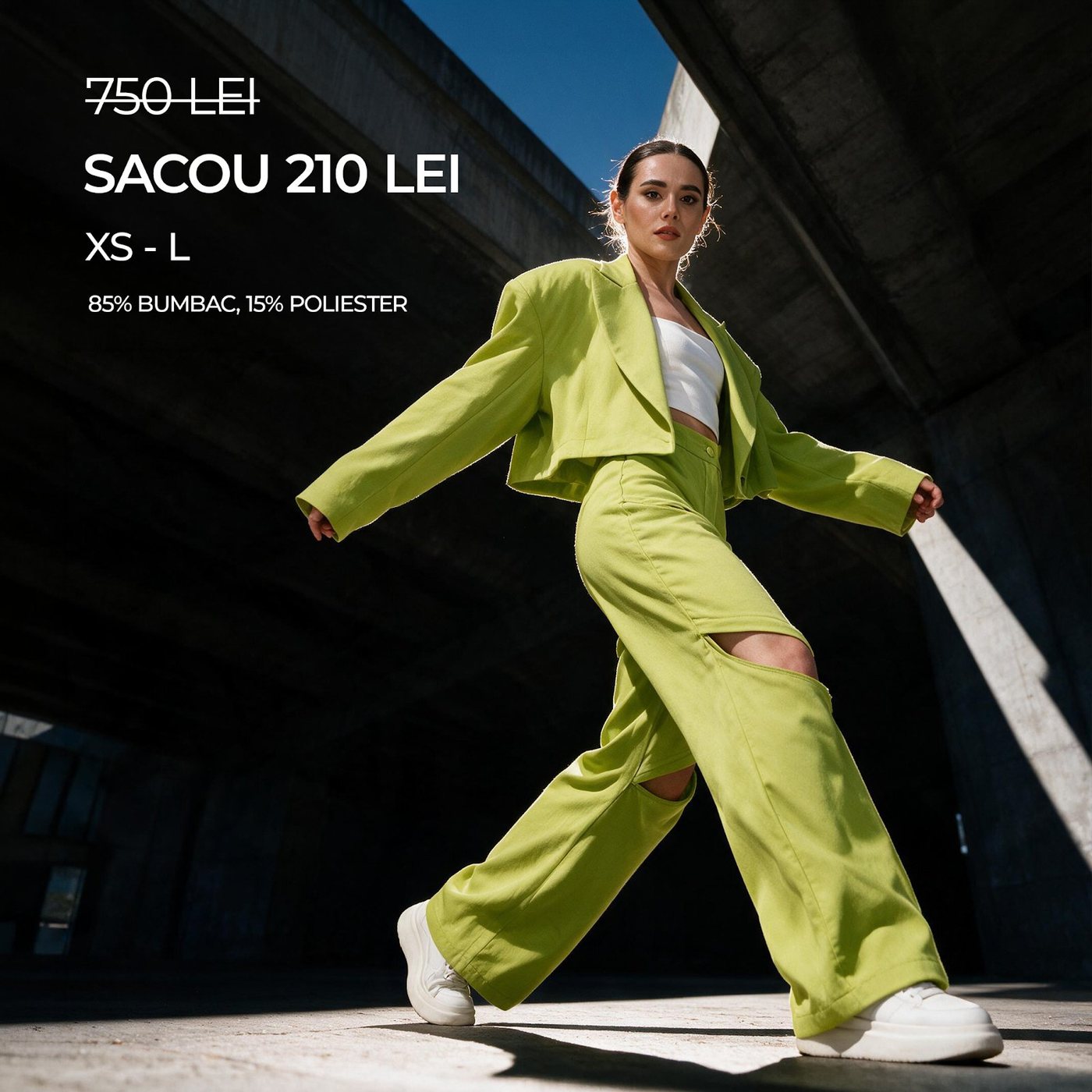 Model in a lime blazer and trousers with price, sizes and fabric
