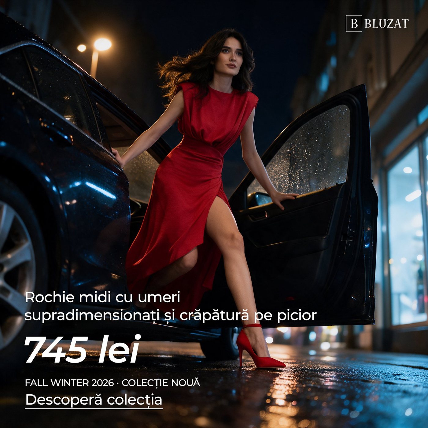Model in a red dress stepping out of a car at night