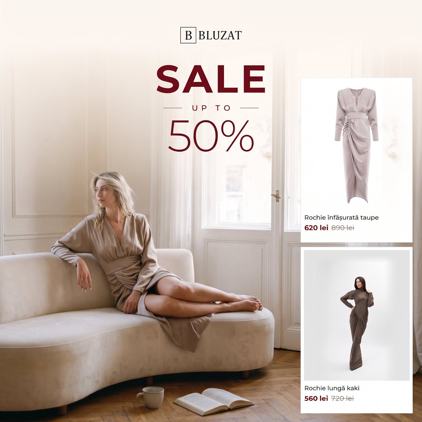 Model on a cream sofa with product cards