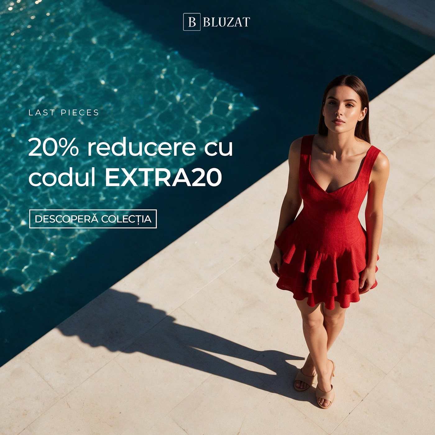 Model in a red ruffled mini dress by a pool, Last Pieces, 20% off with code EXTRA20