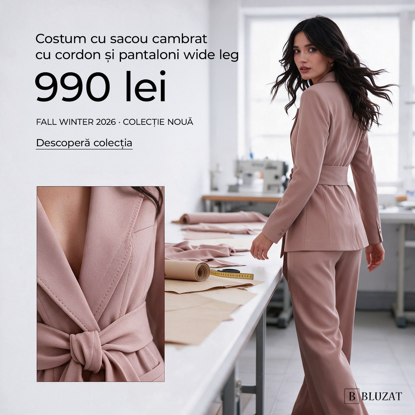 Model in a powder-pink belted suit in a sewing atelier, Fall Winter 2026, 990 lei