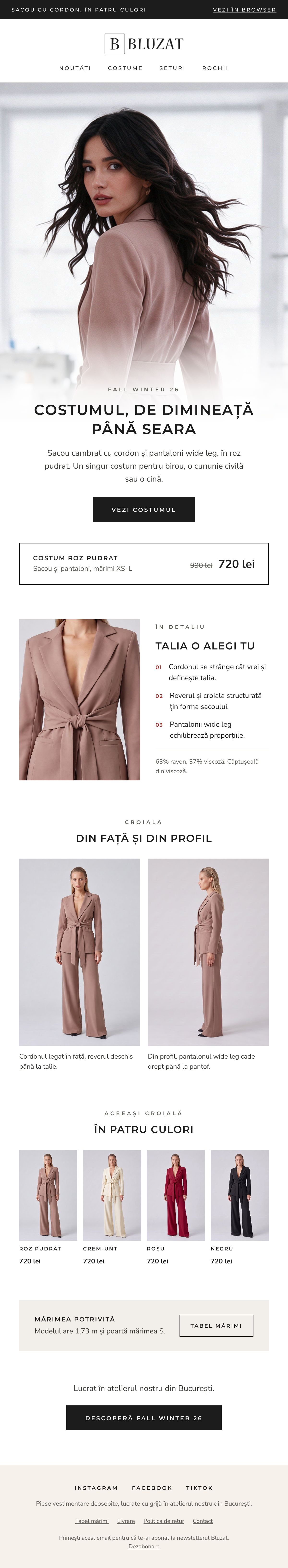 Bluzat newsletter: a woman in a dusty-pink belted suit in a sewing atelier, fading into the headline Costumul, de dimineață până seara and a button, a price row, a close-up of the belt with three numbered notes, front and profile shots, the same suit in four colours, a size note, the Bucharest atelier line and a last button