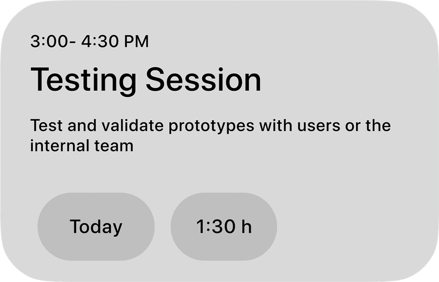 Task card with time range, title, description and Today and duration pills