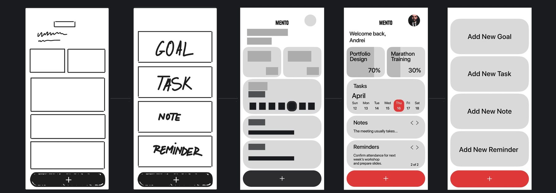 Focus Stack direction: from sketch to final UI, four stacked full-width buttons
