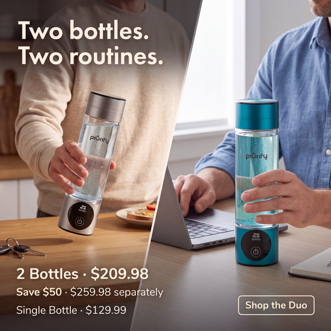 Two bottles, two routines: a silver and a teal bottle in a home office