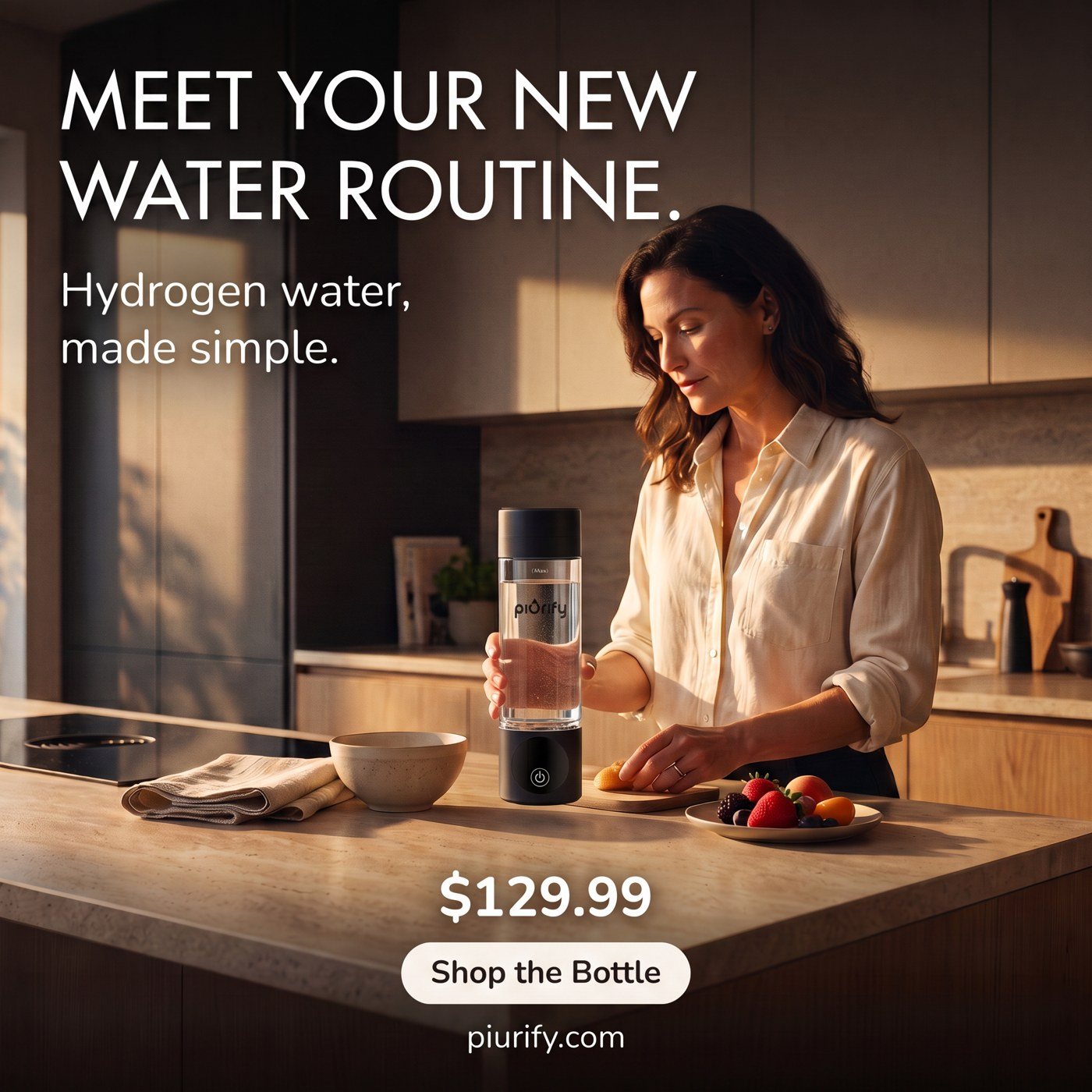 Woman in a kitchen with the bottle, Meet your new water routine