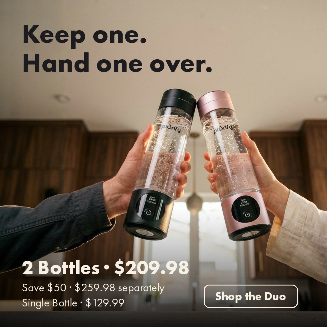 Two hands clinking a black and a pink bottle, Keep one. Hand one over.