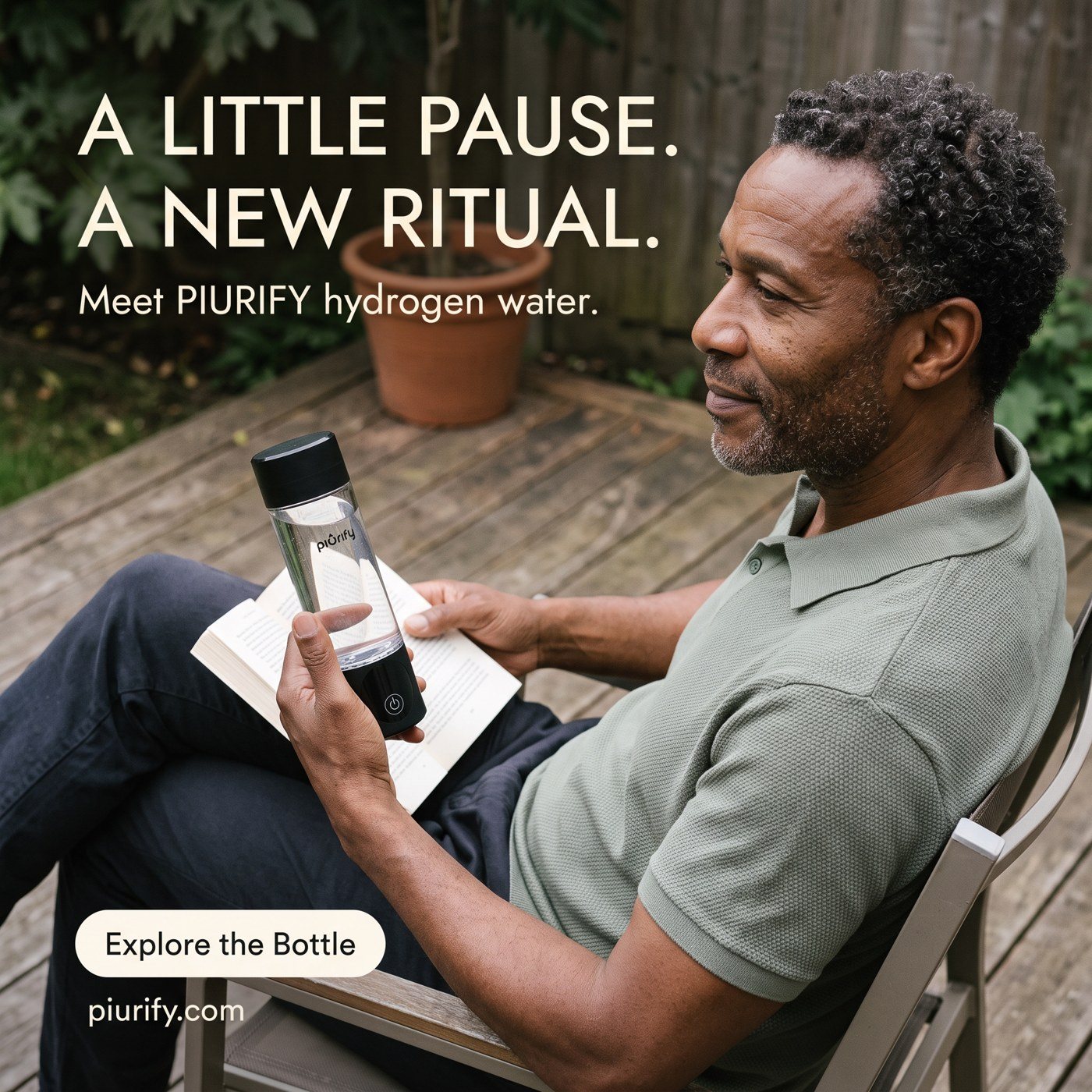 Man on a porch reading with the bottle in hand, A little pause. A new ritual.