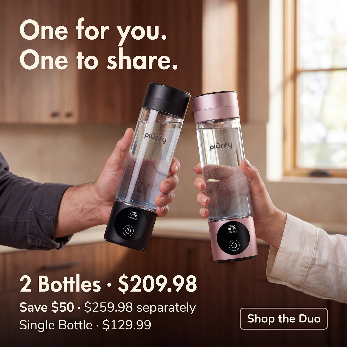 Black and pink bottles clinking in a kitchen