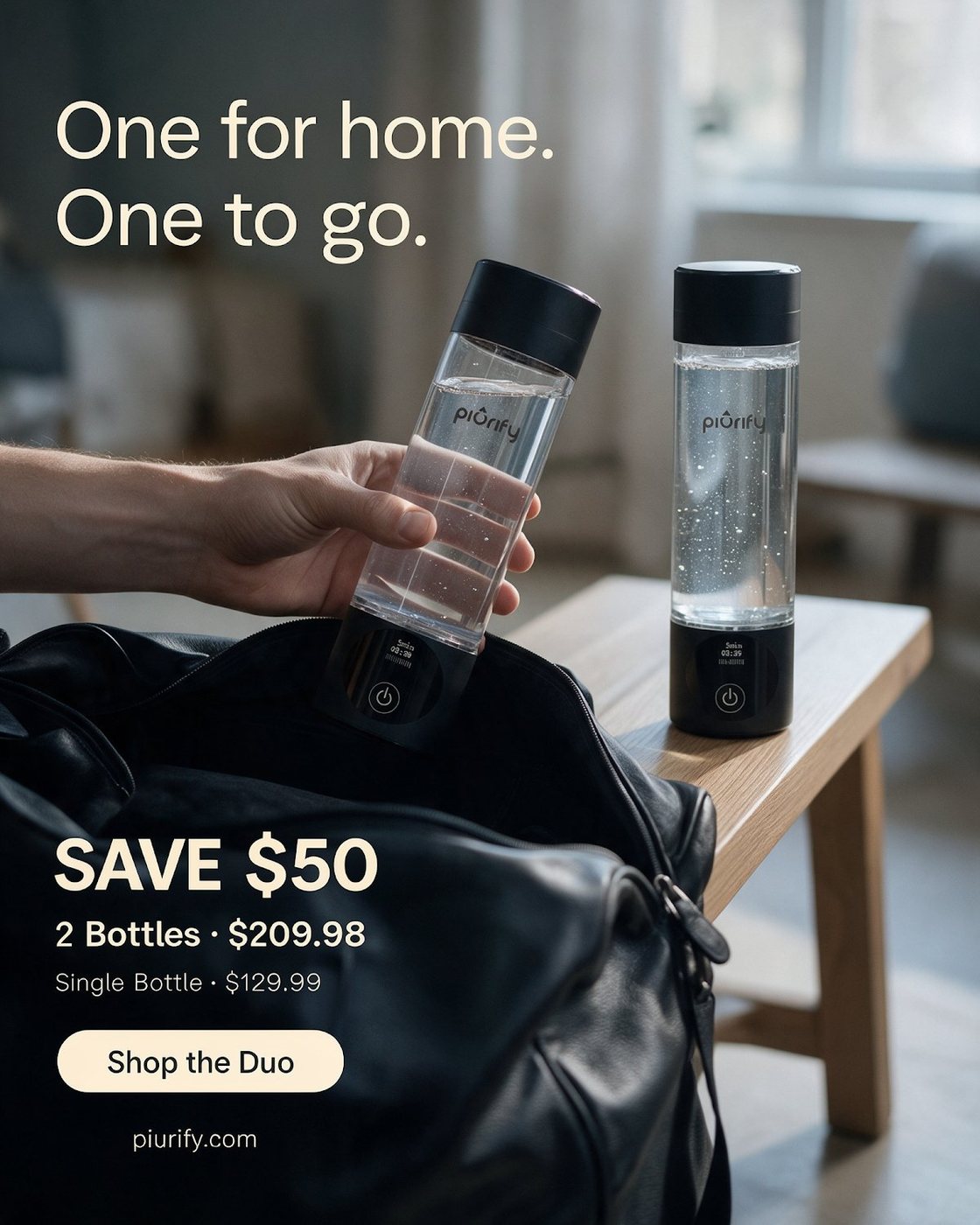 One bottle going into a gym bag, the other on a side table