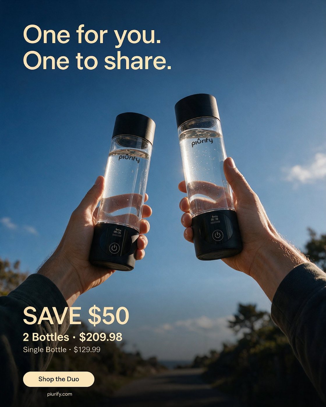 Two bottles raised against a blue sky