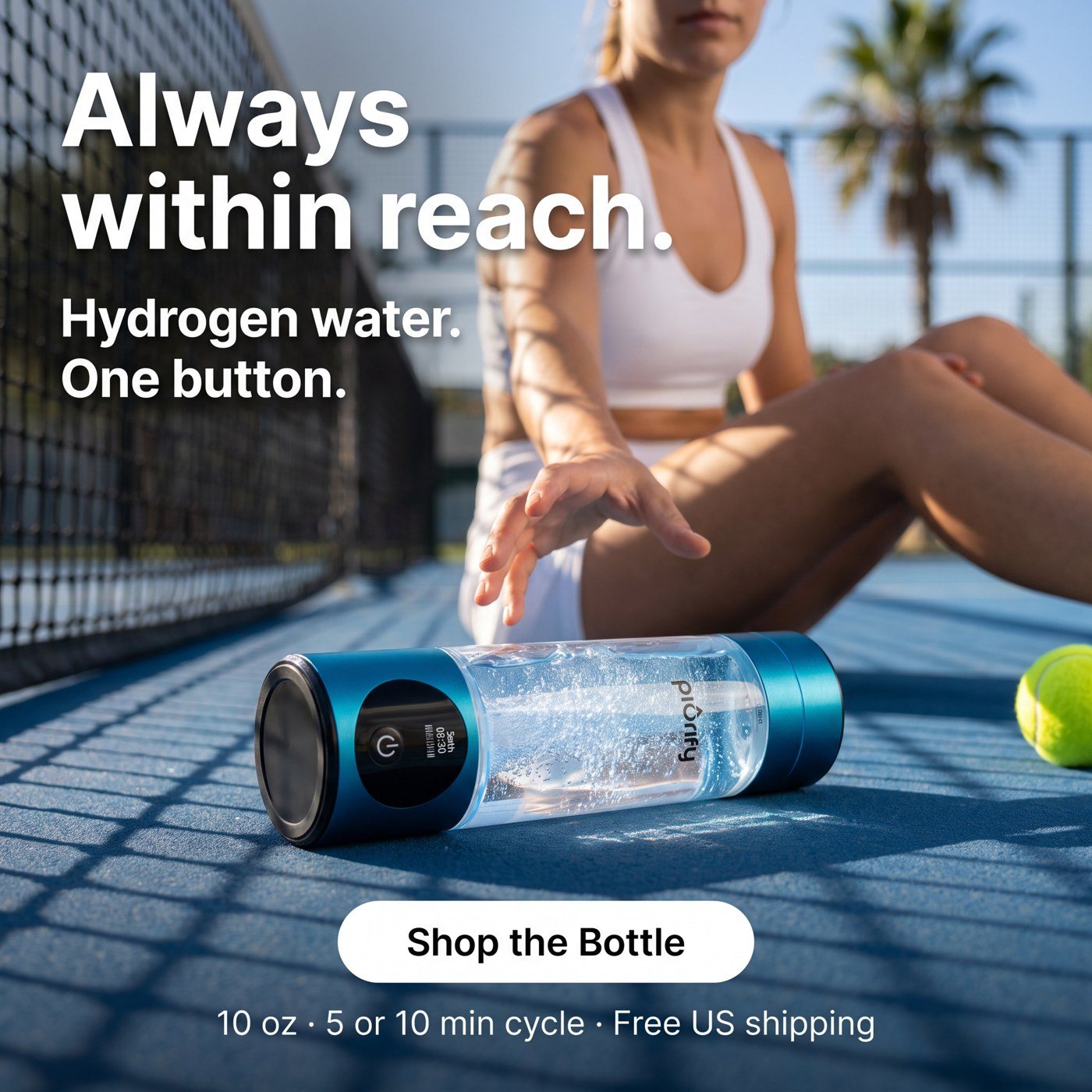 Teal bottle lying on a tennis court as a seated player reaches for it
