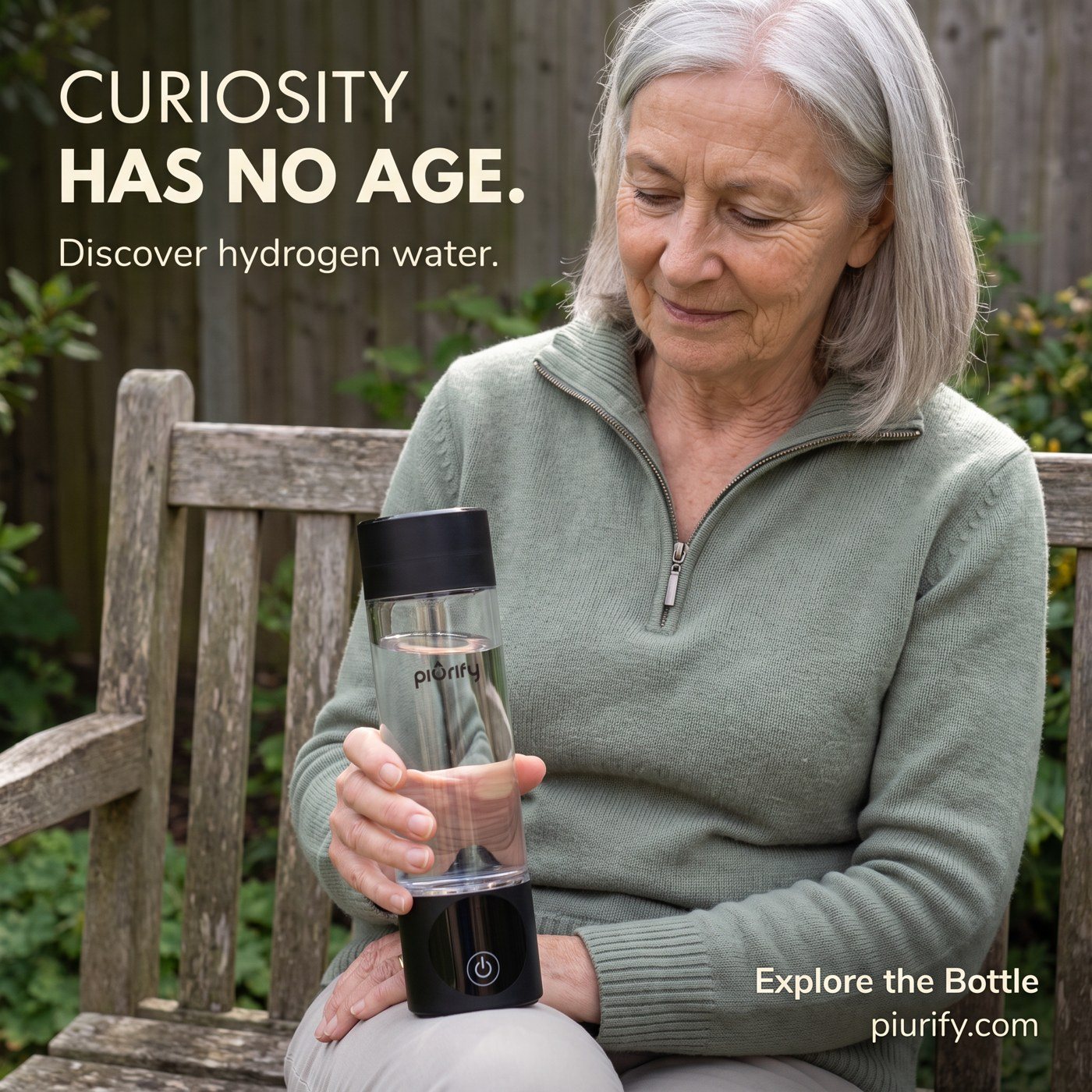 Older woman on a garden bench holding the bottle, Curiosity has no age