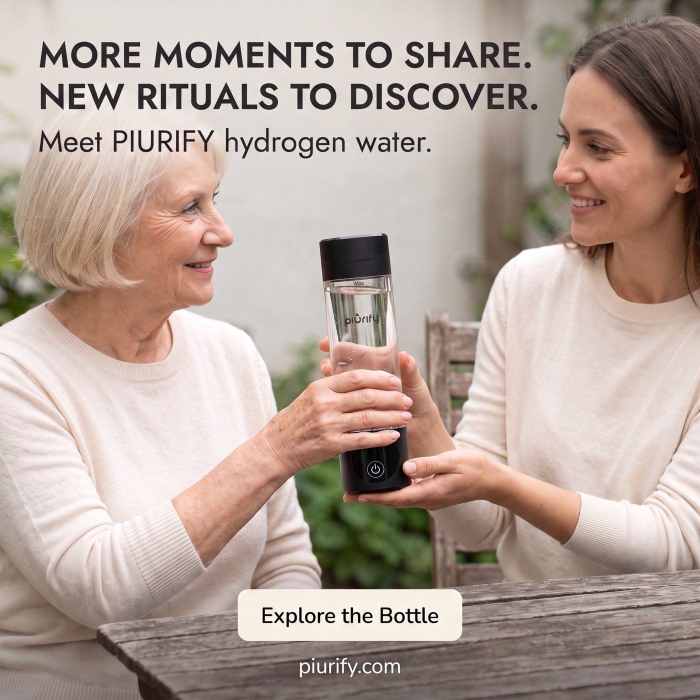 Two older women sharing the bottle at a table