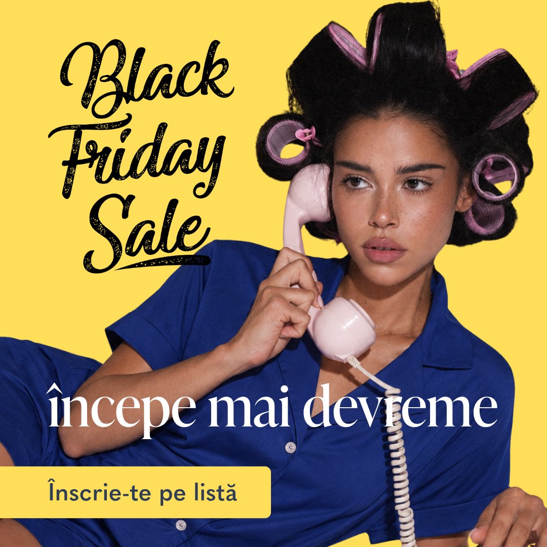 Black Friday early-access ad: woman in a navy pyjama with hair rollers on a retro phone, yellow background