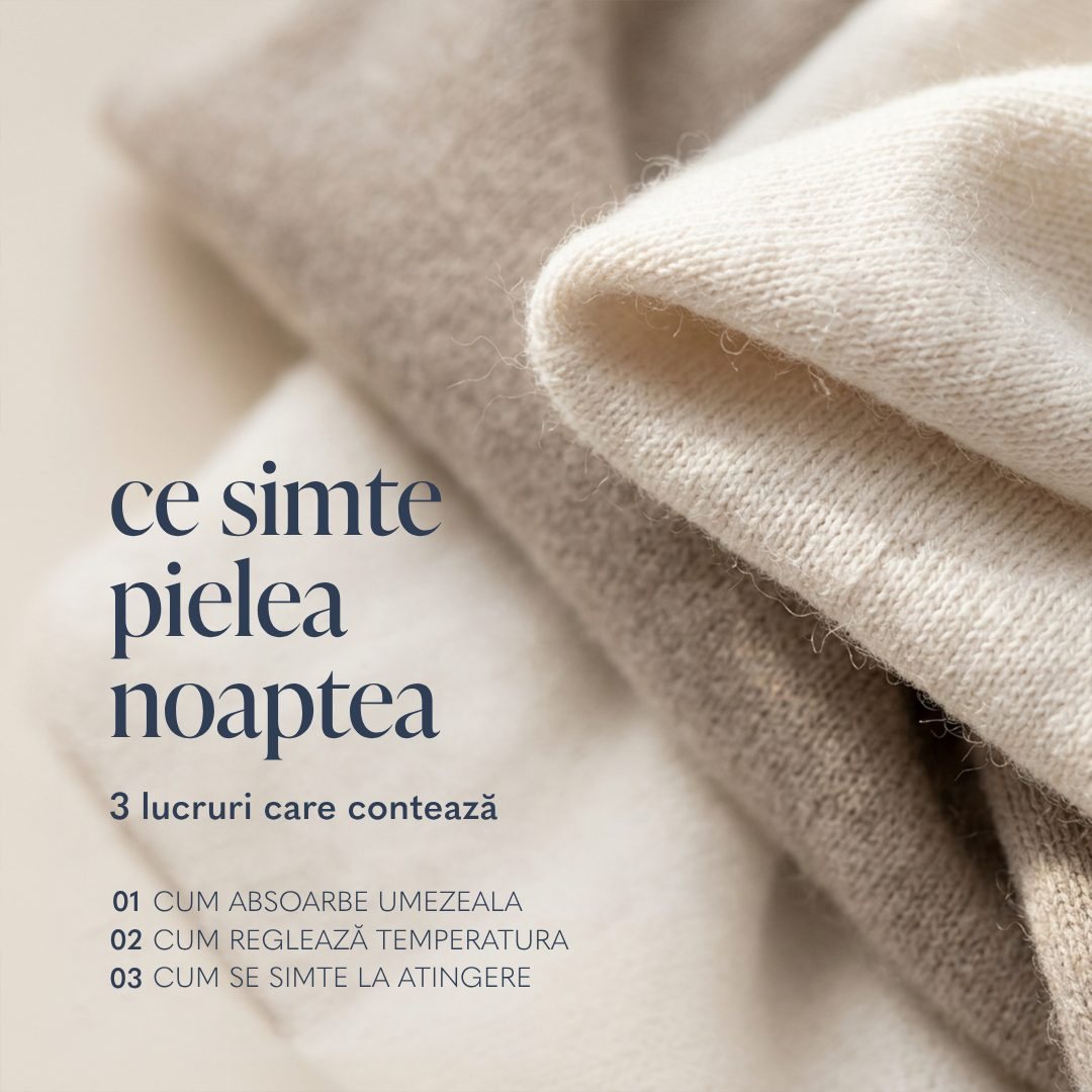 Close-up of folded modal fabric with the headline ce simte pielea noaptea