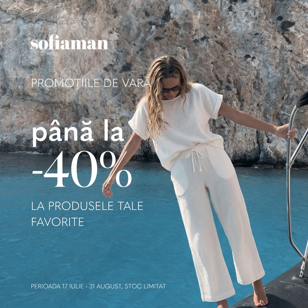Woman in a white cotton gauze set on a boat in front of limestone cliffs, summer promotion up to -40%