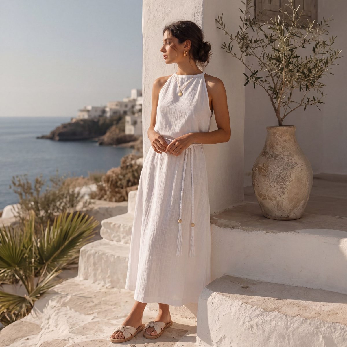Woman in a white linen dress on white steps above the sea