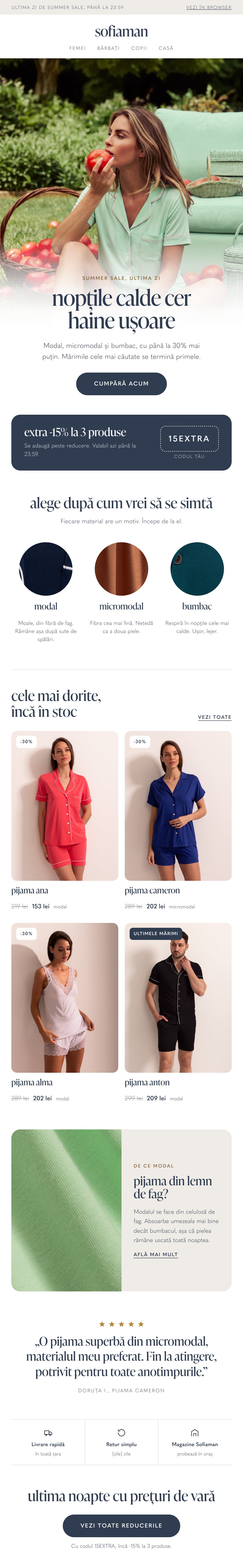 Sofiaman summer sale newsletter: mint pyjamas hero fading into the headline and button, a 15EXTRA code card, a fabric picker for modal, micromodal and cotton, four products with old and new prices, a beech-wood modal explainer, a five-star review, a trust row and a final button