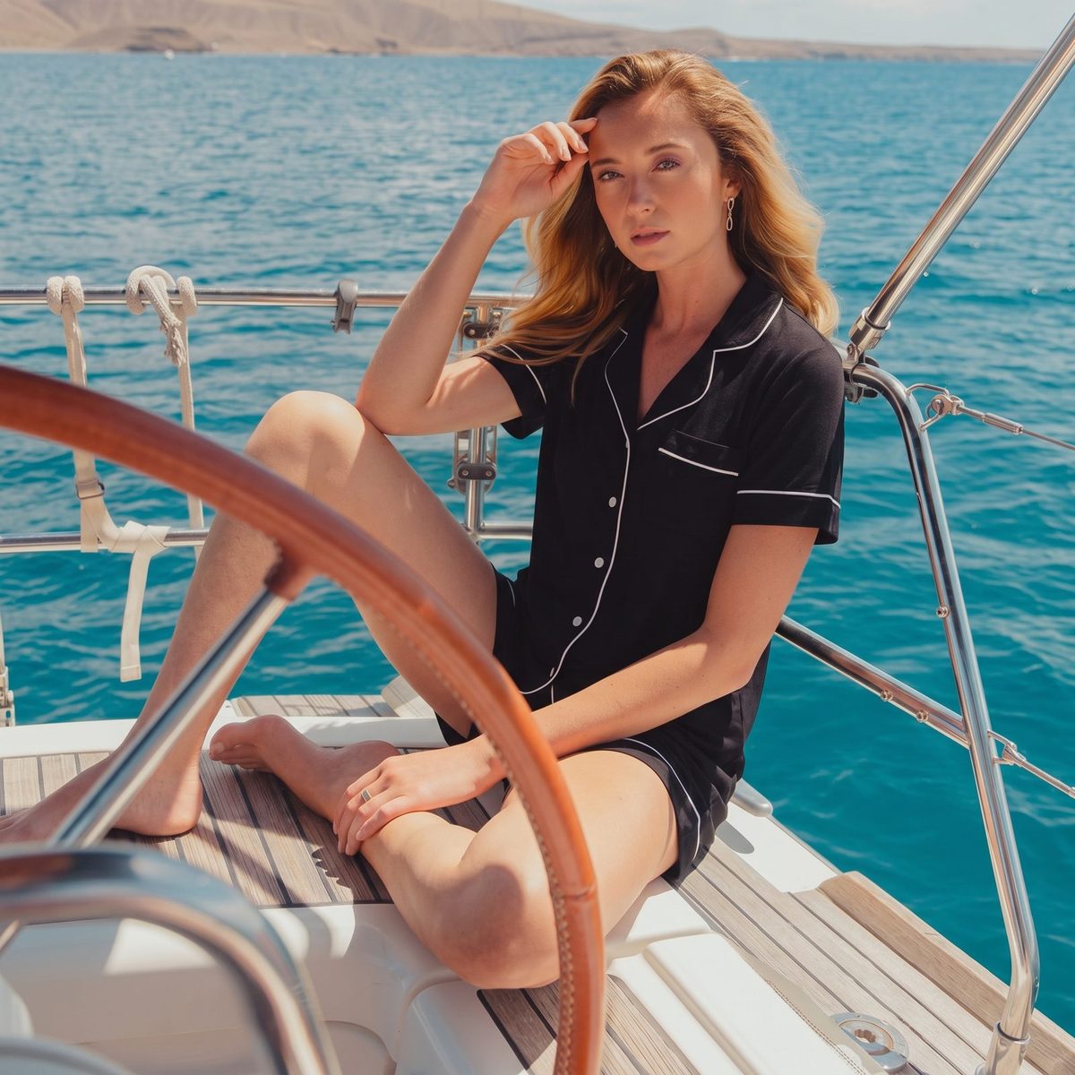 Woman in black pyjamas at the helm of a sailing boat