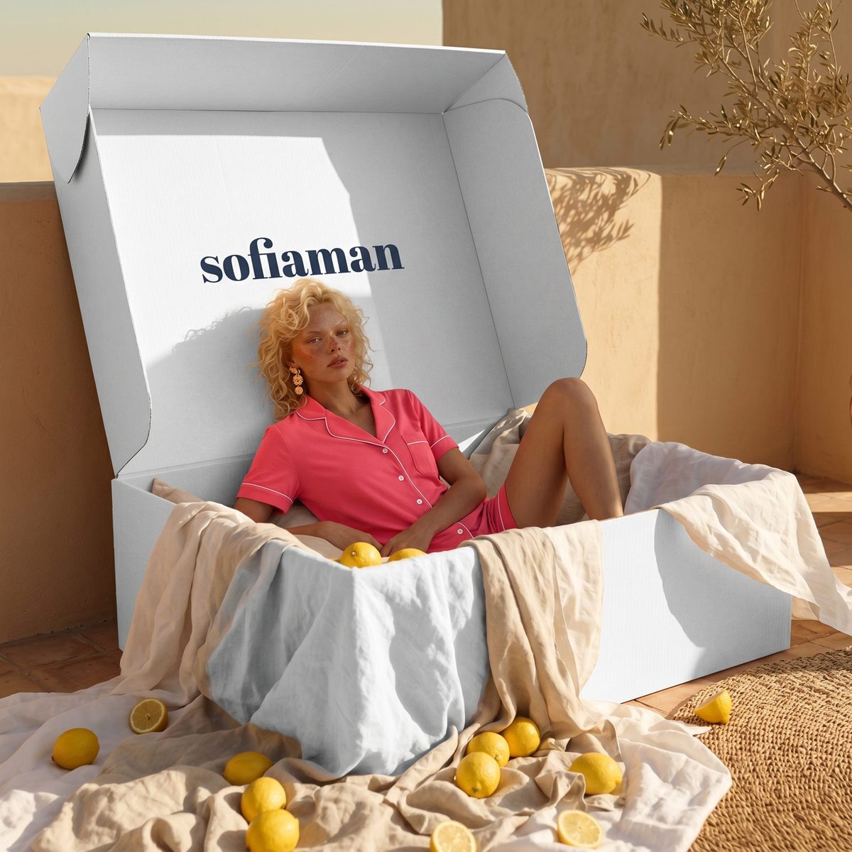 Woman in pink pyjamas sitting inside a large Sofiaman box with lemons